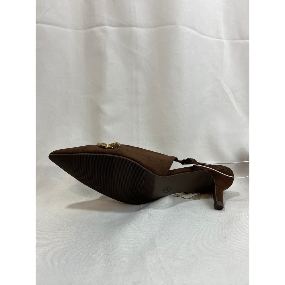 A New Day Brown Faux Suede Point Toe Kitten Heel Slingback Pumps Gold Chain 7.5 - Picture 5 of 6